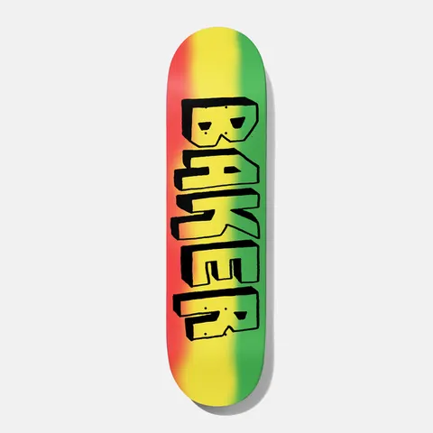 Baker Kader Jammys 8.125 skateboard deck: Chunky black blocky Baker lettering with a drop shadow, set vertically over a spray-blended red, yellow and green rasta-coloured stripe background.