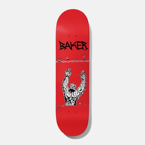 Baker Kader Judgement Day 8.38 skateboard deck: Black-and-white illustration of a chained, horned demon rising with clawed hands raised, with tiny figures hauling chains across the deck, on solid red. Spiky BAKER lettering at the top.