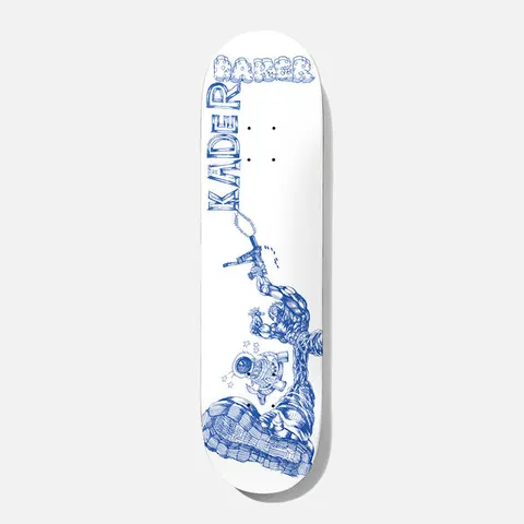 Baker Kader Kogan 8.5 skateboard deck: Blue line drawing on white of a muscular creature reaching up to hold a gun on a chain, while a small astronaut figure tumbles below it. The rider name runs vertically with bubble-lettered Baker at the top.