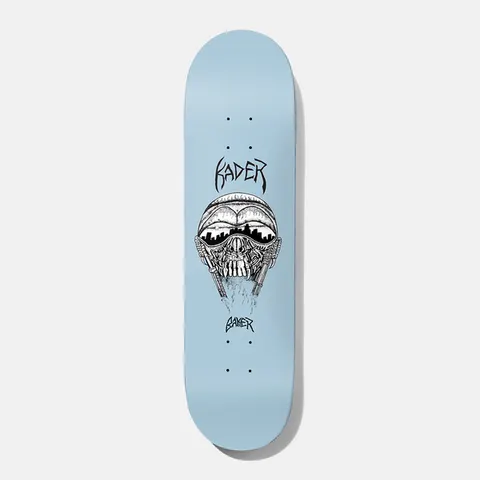 Baker Kader Misty Flip Judo Chop 8.475 skateboard deck: Pale blue deck with a black and white ink drawing of a skull wearing a helmet with city skyline reflected in the visor, flanked by two guns. Metal-style lettering above and below.