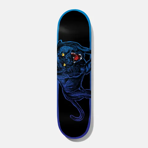 Baker Kader Panther 8.25 skateboard deck: A snarling black panther in blue shading with yellow eyes and a red open mouth, leaping across a black deck that fades to blue edges at the nose and tail.