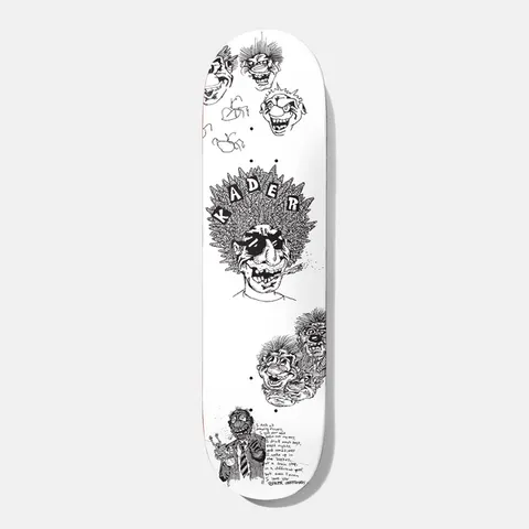 Baker Kader Santino 8.125 skateboard deck: Black-and-white ink drawings on a white deck: a large wild-haired head with 'KADER' in the hair, several grinning caricature faces, and a suited figure with handwritten text at the tail.