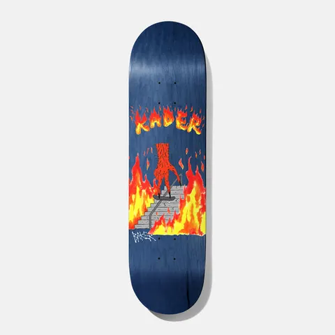 Baker Kader Sylla Board to Death 8.25 skateboard deck: Skater with a flame-covered demonic arm and hand riding down a stair rail amid roaring flames, under flaming KADER lettering, on a blue stained deck. Baker signature at lower left.