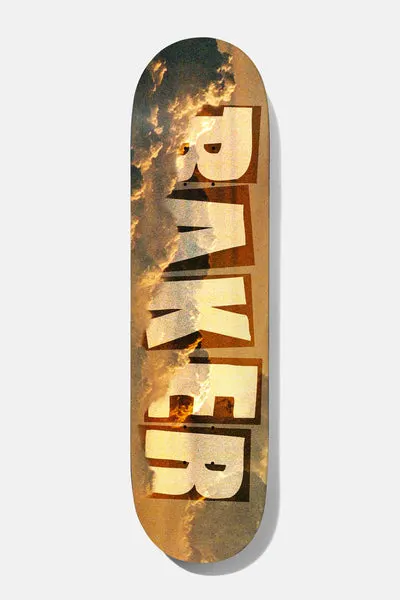 Baker Kevin Spanky Long Cloudy 8.25 skateboard deck: Large cream block-letter BAKER logo running down the deck over a photographic image of golden-lit storm clouds, with dark brown drop shadows behind the letters.