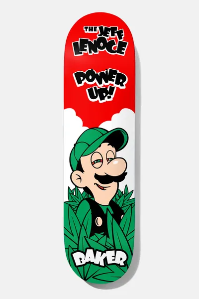 Baker Lenoce Power Up 8.5 skateboard deck: Cartoon character in a green cap with a moustache and bloodshot eyes, emerging from cannabis-style leaves, on a red and white cloud-topped background. Parody of a video game plumber.