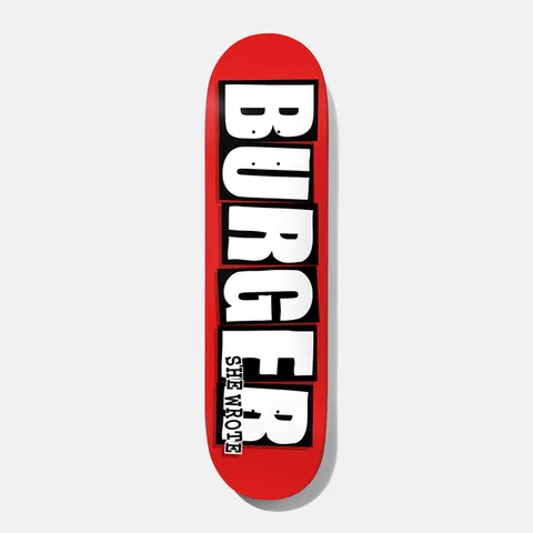 Baker Nuge Burger She Wrote 8.25 skateboard deck: Bold white block capitals spelling BURGER stacked down the board, each letter in a black box on a red ground, with a small 'She Wrote' label running up the side of the final R.
