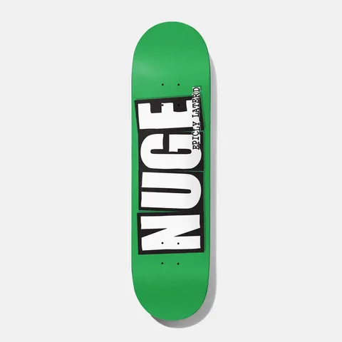Baker Nuge Epicly Laterd 8.5 skateboard deck: Big white block letters spelling Nuge in a black cut-out box on a bright green deck, with small typewriter-style text Epicly Laterd beside it.