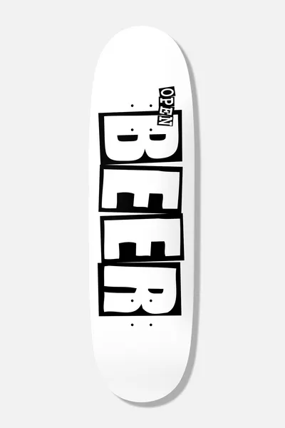 Baker Nuge Open Beer Logo 9.25 skateboard deck: White deck with bold black block letters spelling BEER, in rough stencil-like boxes, and a small OPEN label stuck at the top, in the style of a Baker logo parody.