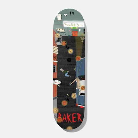 Baker Nuge Pigeon View 8.0 skateboard deck: A bird's-eye view of a dark cobbled alley with a blue car, brick walls, a fallen person, lanterns and a 'Nuge's' sign at the top, with a red 'Baker' logo at the bottom.