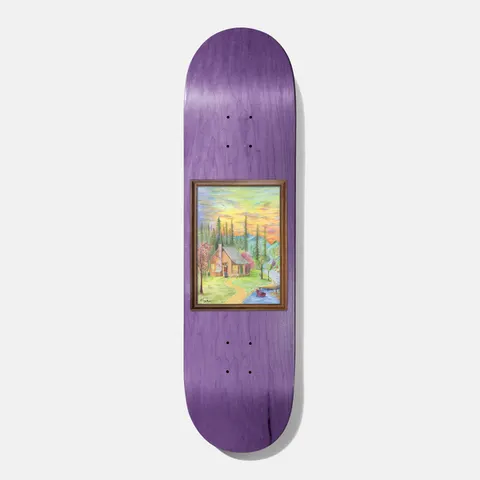 Baker Nuge Woodland Escape 8.0 skateboard deck: Purple stained wood deck with a framed coloured-pencil painting of a log cabin in a pine forest at sunset, with a winding path and a lake with a small boat.