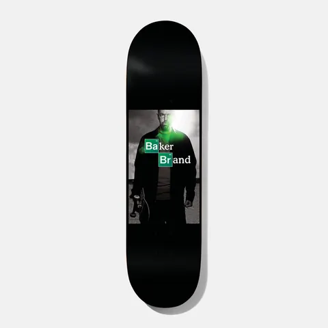 Baker Reynolds ABQ 8.125 skateboard deck: Black deck with a panel photo of a bald man in a dark jacket holding a skateboard, tinted with a green glow, overlaid with the Baker Brand name in periodic-table element tiles.
