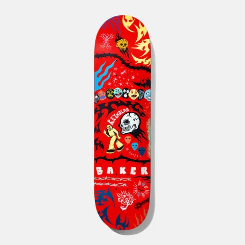 Baker Reynolds Another Thing Coming 8.0 skateboard deck: Red deck covered in hand-drawn motifs: a row of masks, a white skull, a yellow walking figure, flames, thorny black vines, barbed wire and tribal shapes, with Reynolds lettering and white Baker lettering.