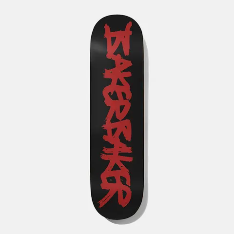 Baker Reynolds Baker Baker B2 8.5 skateboard deck: Black deck with BAKER written twice in rough, overlapping red brush lettering, stacked vertically down the board.