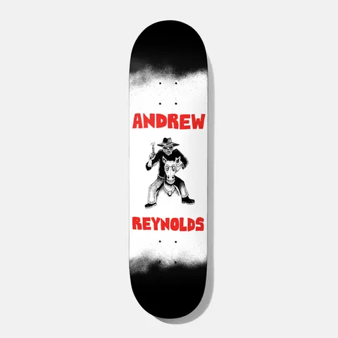 Baker Reynolds Big Iron 8.5 skateboard deck: White deck with black spray-painted fades at nose and tail, red hand-lettered Andrew Reynolds name, and a black and white drawing of a skeleton cowboy with a gun riding a hobby horse.