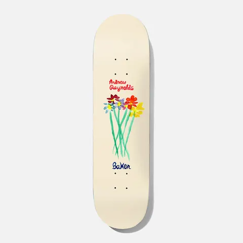 Baker Reynolds Bouquet 8.125 skateboard deck: A loose watercolour bunch of red, orange, yellow and blue flowers with green stems on a cream deck. Rider name handwritten in red above and Baker in navy below.
