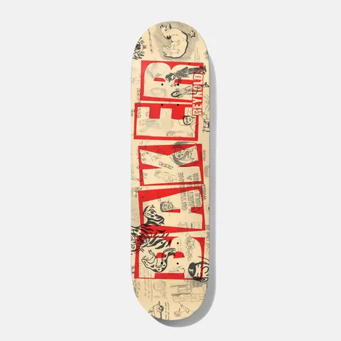Baker Reynolds Brand Name Doodles 8.0 skateboard deck: Large red outlined Baker logo with the rider name in the side, over a cream background covered in black pen doodles of faces, animals, figures and handwritten notes.