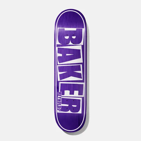 Baker Reynolds Brand Name Veneer Purple 8.125 skateboard deck: Baker name in large white block capitals with purple lettering inside, framed in a white outline, on a purple woodgrain deck. Rider surname along the right edge of the last letter.