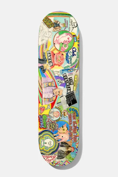 Baker Reynolds Cosmic Gumbo 8.5 skateboard deck: A busy hand-drawn collage of pop-culture style cut-outs and signs, including a Club Aqua logo, a Baker sign, a Tim Robinson name card, cartoon faces and rainbow stripes, in coloured pencil style.