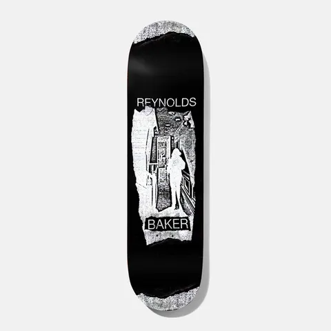 Baker Reynolds Distressing Sensation 8.0 skateboard deck: High-contrast black and white photocopied image of a figure standing in a narrow corridor, on a torn paper scrap with rough grainy edges. Plain white sans-serif name text sits above and a boxed brand label below, on a black deck.
