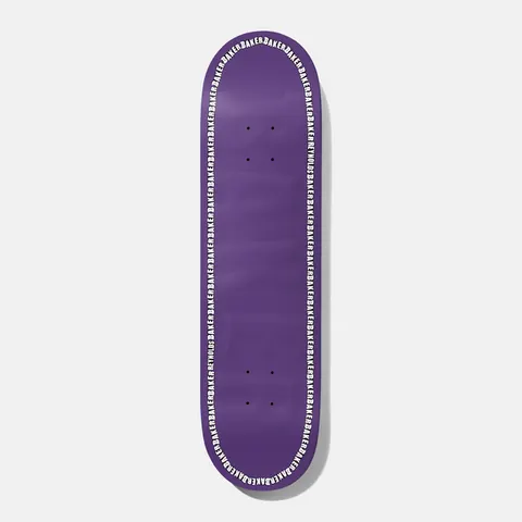 Baker Reynolds Edge Purple Embossed 8.475 skateboard deck: Plain purple deck with a large tone-on-tone embossed BAKER logo and a border of repeating BAKER and REYNOLDS lettering in white and black running around the edge.