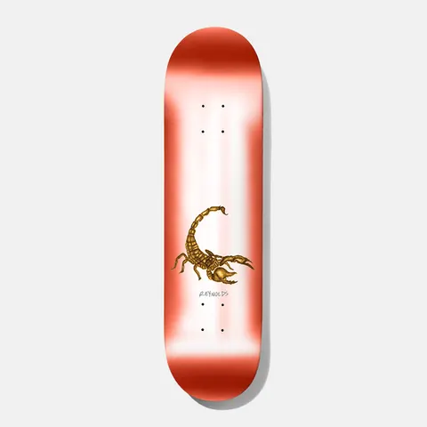 Baker Reynolds Eraser Head 8.475 skateboard deck: Airbrushed deck fading from red edges to white, with a detailed golden scorpion in the centre and a small signature-style name beneath it.