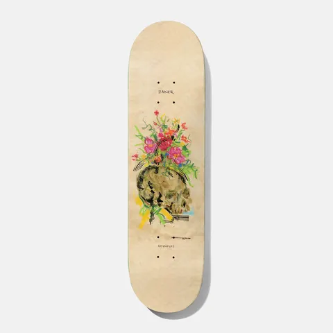 Baker Reynolds Face Up to Mine 8.5 skateboard deck: Loose painted sketch of a skull with a bunch of pink and red flowers and green stems growing from the top, on a natural parchment-coloured deck with small Baker and Reynolds text.