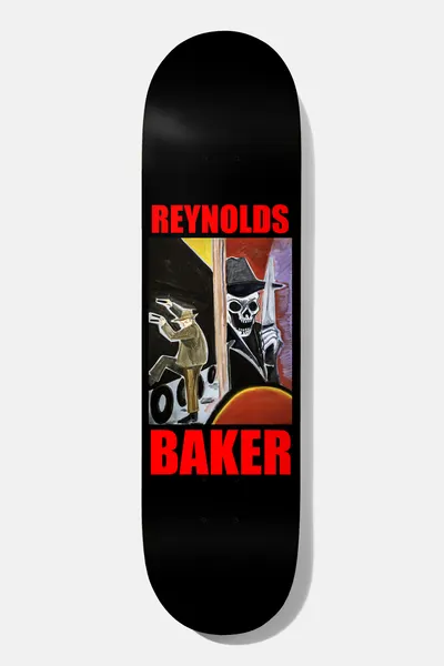 Baker Reynolds Freighthopper 8.5 skateboard deck: Black deck with a framed painting of a skeleton in a fedora holding a knife, watching a trench-coated man with a gun run past. Reynolds and Baker in red capital letters above and below.