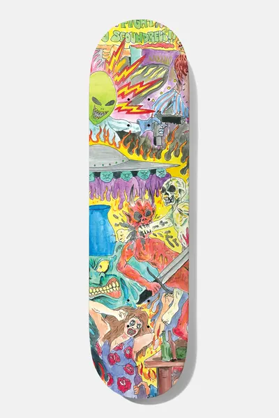 Baker Reynolds Here To Stay B2 8.38 skateboard deck: Hand-painted chaotic scene with a green alien head, flying saucer, flames, a red devil attacking a skeleton with a sword and a screaming woman beside bottles, with lettering at the top.