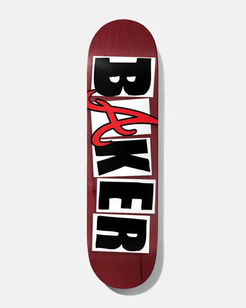 Baker Reynolds Icon ATL 8.25 skateboard deck: Baker in big black block letters on white tiles over a maroon deck, with a red script A (an Atlanta-style letter) swooping across the A.