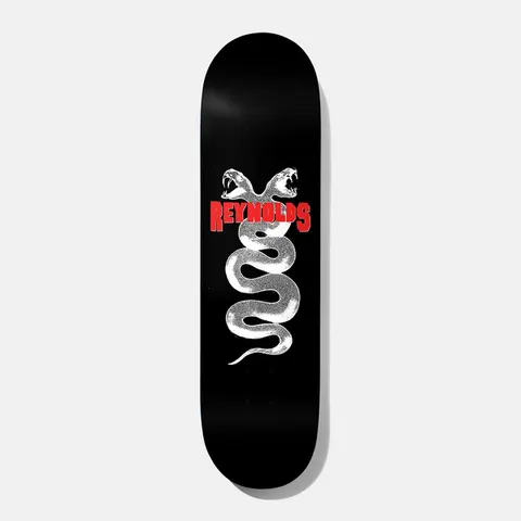 Baker Reynolds Misty Flip Judo Chop 8.0 skateboard deck: Black deck with a white stippled two-headed snake coiled down the board, both heads with open fanged mouths, and the rider name in red block capitals across the necks.