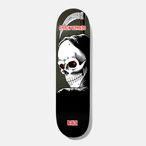 Baker Reynolds Reaper 1 8.25 skateboard deck: Black-hooded Grim Reaper skull with glowing red eyes, a scythe blade rising behind its head, on a dark olive and black deck. Andrew Reynolds in red above and Baker in a red label below.