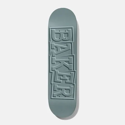 Baker Reynolds Ribbon Grey 7.875 skateboard deck: The Baker ribbon logo in stacked, offset block capitals, outlined in a lighter tone on a plain grey-blue deck.
