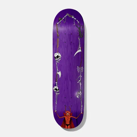 Baker Reynolds Sorcery Survival 8.38 skateboard deck: A horned red devil in a cape at the bottom holds up two chains of bones, skulls, a scythe, axe, scorpion, spider web and hourglass that loop up each side of the deck, on a purple stained wood background.