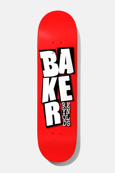 Baker Reynolds Stacked Red B2 8.0 skateboard deck: Large white stacked Baker lettering with black drop shadow on a plain red deck, with the rider's name running vertically in small letters beside the R.