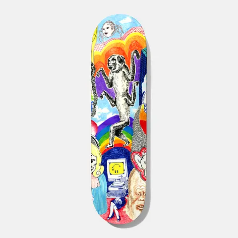 Baker Reynolds Thoughts 8.0 skateboard deck: Colourful pen-and-crayon collage of a black monkey standing on a rainbow, with a spider with a human face, a computer with a smiley screen, a blonde woman and a large hairy ape face around it.