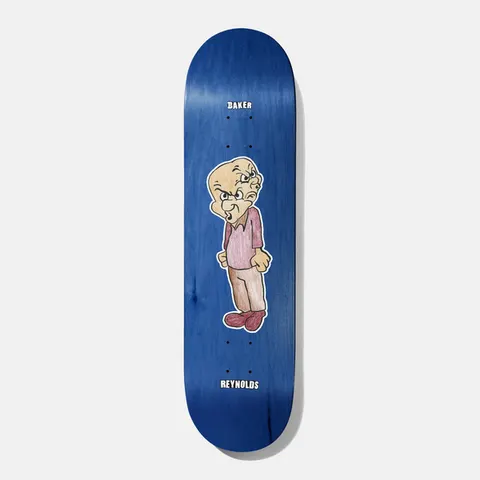 Baker Reynolds Toon Goons 8.0 skateboard deck: Blue-stained deck with a coloured-pencil cartoon of a bald, scowling man in a pink sweater and trousers, with multiple faces bulging from his head. Baker above and Reynolds below in small white lettering.