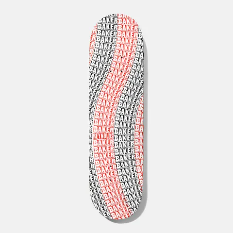 Baker Reynolds Wavy Blk/Red 8.25 skateboard deck: All-over pattern of repeated Baker box logos in black and red on white, arranged in wavy diagonal bands. Rider name appears in one red box.