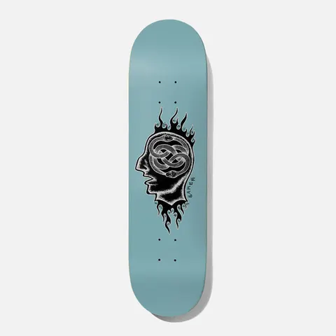 Baker Reynolds Whiplash 8.5 skateboard deck: A black silhouette of a human head in profile with flames, its brain replaced by a knotted pair of snakes drawn in white, on a pale blue deck. Small Baker signature beside it.