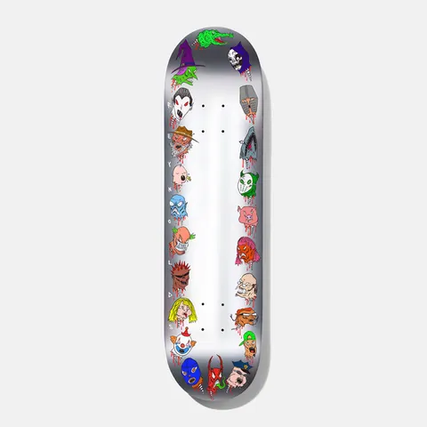Baker Reynolds Wizardry 8.38 skateboard deck: Silver foil deck with a ring of cartoon monster and horror heads, including a witch, vampire, skull reaper, shark, clown and balaclava, each dripping blood, around a blank white centre. The letters of REYNOLDS run down the left edge.