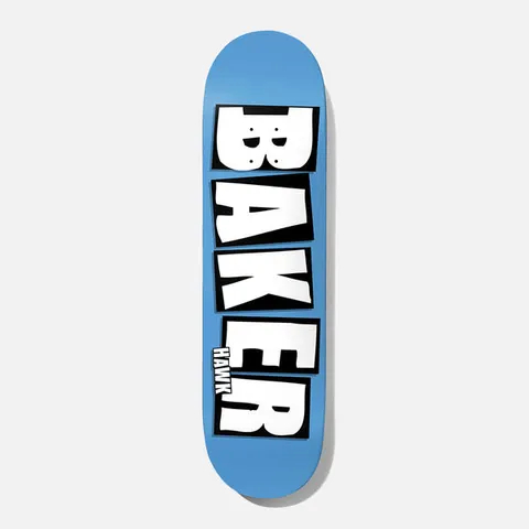 Baker Riley Brand Name Blue B2 8.25 skateboard deck: Large white block BAKER letters with black outlines stacked vertically on a plain light blue deck, with a small HAWK tag beside the final letters.