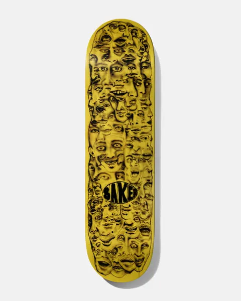 Baker Hawk Nozzle Clog 8.125 skateboard deck: A dense crowd of airbrushed black-on-yellow faces with exaggerated expressions packed into one tall mass down the deck, with a small oval Baker logo near the bottom.