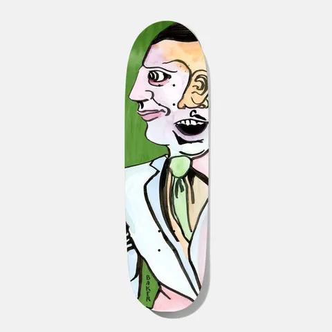 Baker Rowan Big Bodies Shaped 9.25 skateboard deck: Loose watercolour-and-ink drawing of a man in a pale suit and green tie, his face split into a calm profile and a gaping screaming face, on a green wood-stain ground. Small BAKER text along the edge.