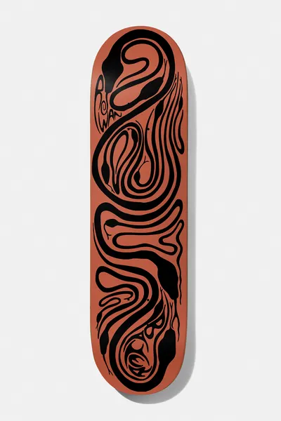 Baker Rowan Brain Rabies 8.125 skateboard deck: Black swirling snakes intertwined in flowing curvy lines across a terracotta orange deck, with Rowan lettered along the left edge.