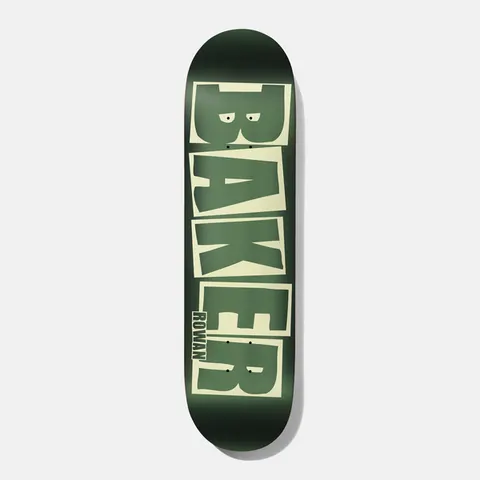 Baker Rowan Brand Name Foil Green B2 8.0 skateboard deck: The Baker logo in large stacked block letters in cream outline boxes, in matte green on a dark green deck with a glowing edge, with a small rider name on the lower letter.