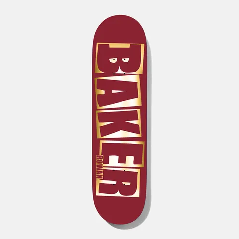 Baker Rowan Brand Name Red/Foil B2 8.38 skateboard deck: Baker logo in large capital letters with gold foil outlines on a deep red deck, with the small word ROWAN down the side of the K and E, and eyes peeping in the B.