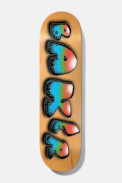 Baker Rowan Bubble Boy 8.25 skateboard deck: Bubbly, blobby graffiti-style 'BAKER' lettering with thick black outlines runs down a natural wood deck, filled with a blue to green to pink-red gradient with white highlights.