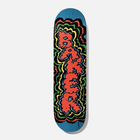 Baker Rowan Bubble 8.5 skateboard deck: Puffy red BAKER lettering with blue shading, surrounded by wobbling yellow, green, red and black outline ripples, on a blue deck.