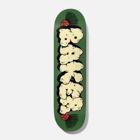 Baker Rowan Bubble Jolly 8.0 skateboard deck: Green deck with BAKER in fat, puffy cream bubble letters with black shadows, running down the board. A small red grinning face sits in a spider web at each end.