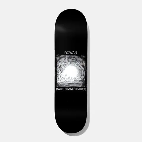 Baker Rowan Distressing Sensation 8.25 skateboard deck: Black deck with a square greyscale photographic print of a circular stone well shaft seen from below, with a bright white opening at the top. Small white name text sits above and the brand repeated three times below the image.
