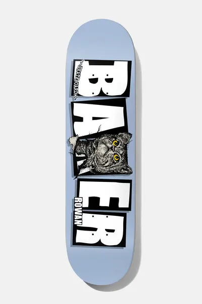 Baker Rowan Emergers 8.5 skateboard deck: A grey cat with yellow eyes bursts through a torn hole in the middle of large white block Baker lettering on a pale blue deck, with 'ROWAN' lettered by the lower letters.